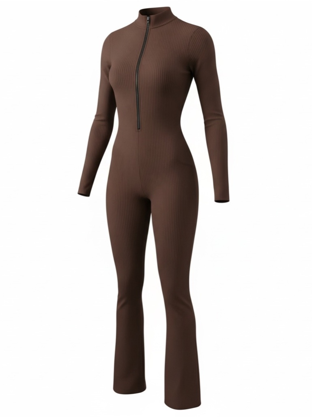 OQQ Ribbed‎ Brown Zip-Front Long-Sleeve Jumpsuit
